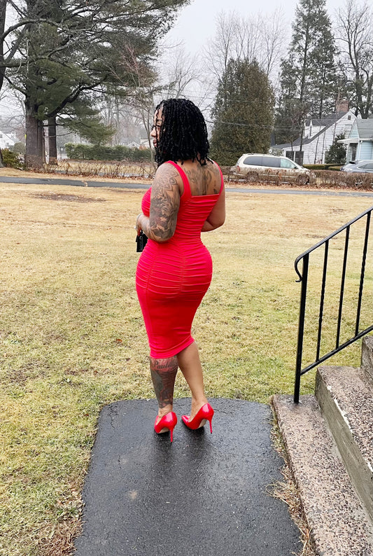 Rosy Ruched Midi Dress