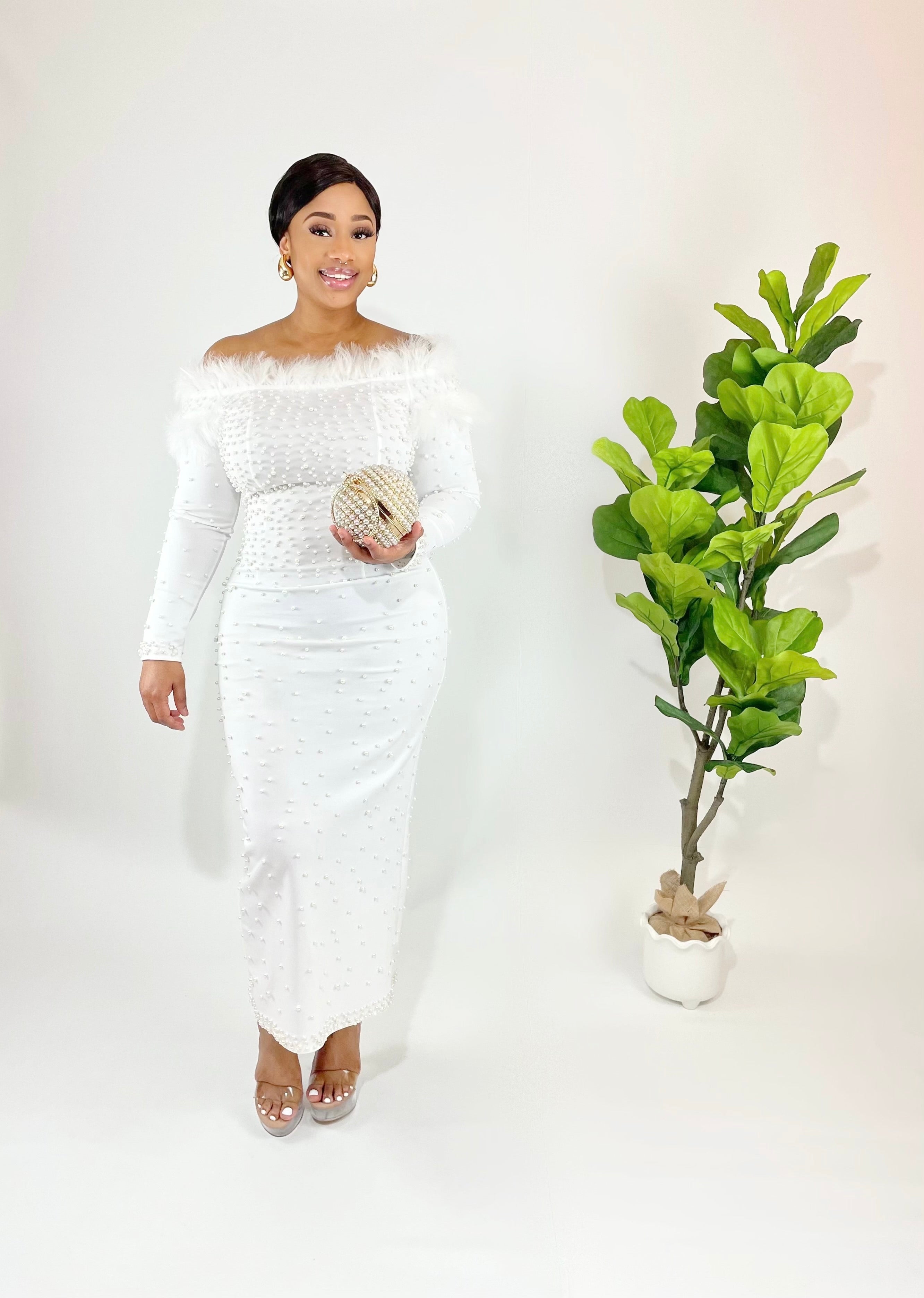ivory pearl midi dress Ivory Pearl Embellished Midi Dress - All Dresses