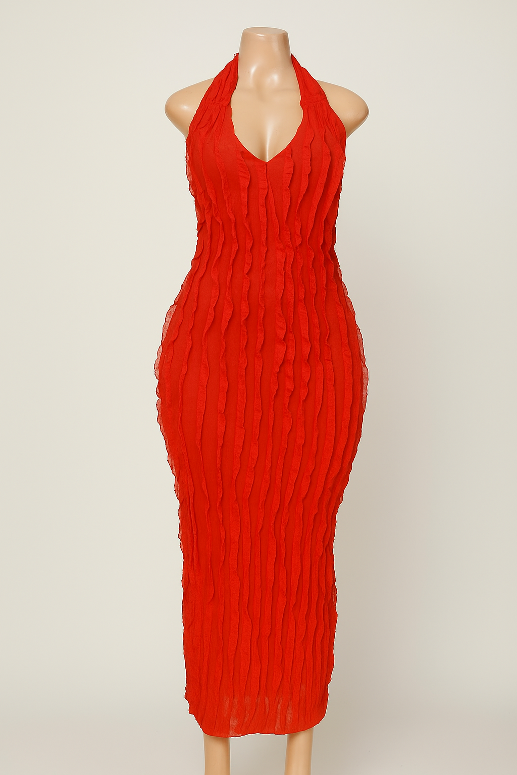 Crimson Waves Halter Maxi Dress