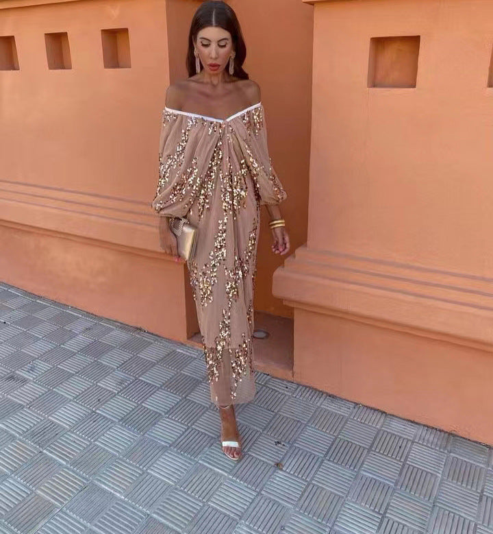 Bat Sleeve Sequins Deep V-neck Long Dress 20240345