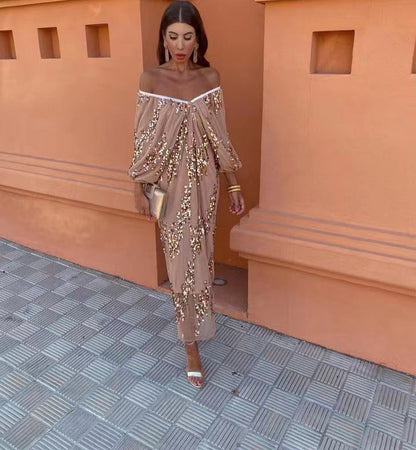 Bat Sleeve Sequins Deep V-neck Long Dress 20240345