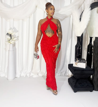 Crimson Waves Halter Maxi Dress