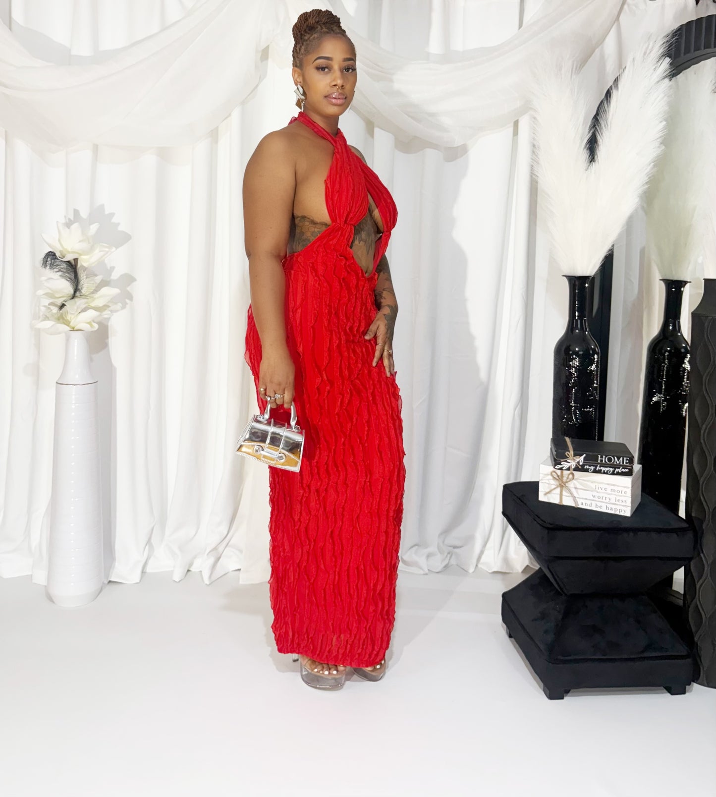 Crimson Waves Halter Maxi Dress