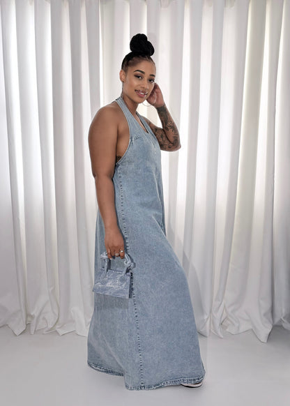 Backless Beauty Denim Maxi Dress
