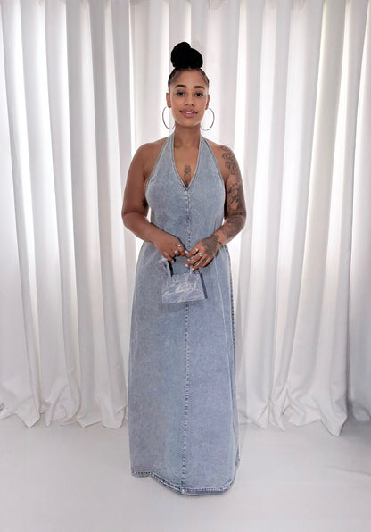 Backless Beauty Denim Maxi Dress