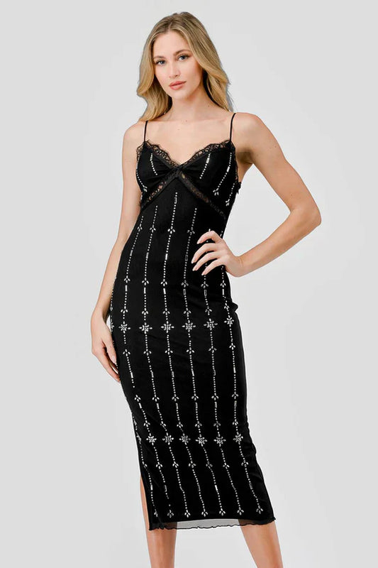 LUXE RHINESTONES DANDELION PATTERN LACE TRIM MIDI DRESS