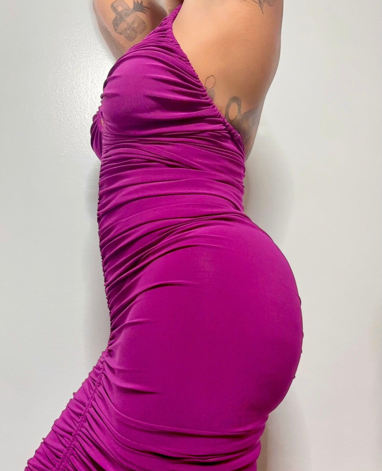 Grape Crush Deep V Ruched Midi Dress