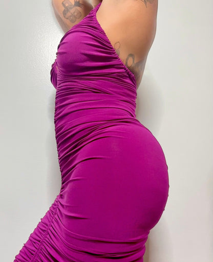 Grape Crush Deep V Ruched Midi Dress