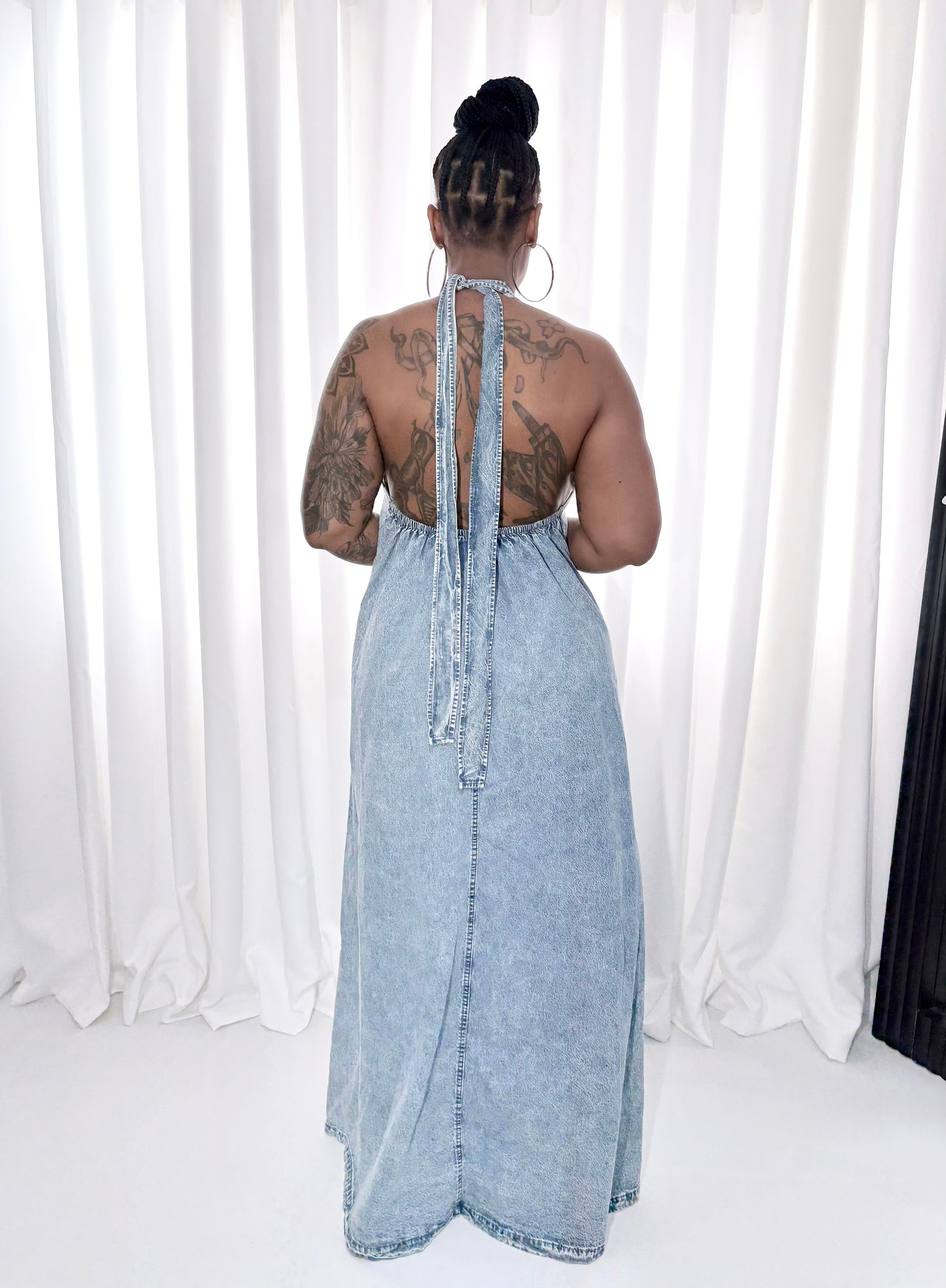 Backless Beauty Denim Maxi Dress