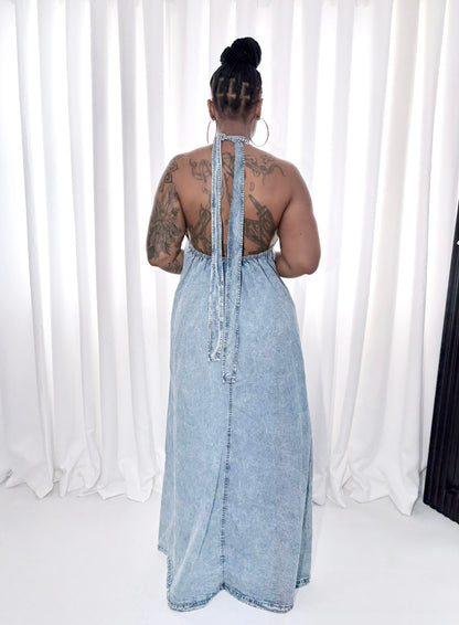 Backless Beauty Denim Maxi Dress