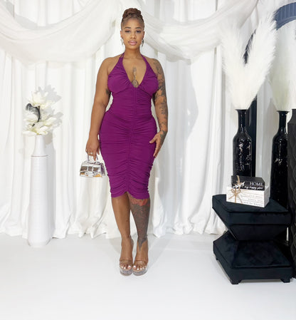 Grape Crush Deep V Ruched Midi Dress