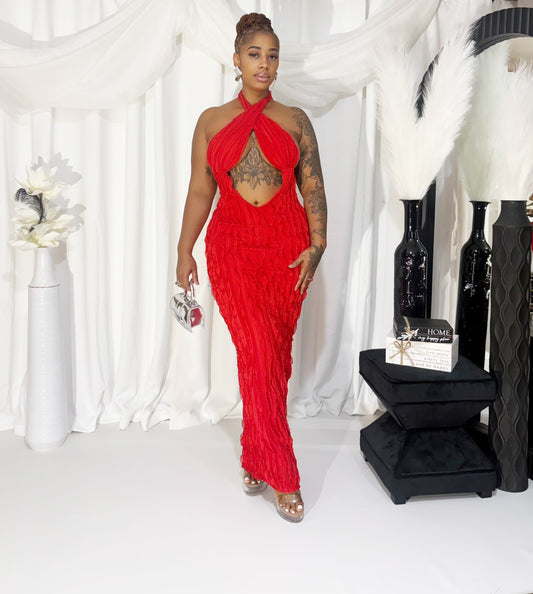 Crimson Waves Halter Maxi Dress