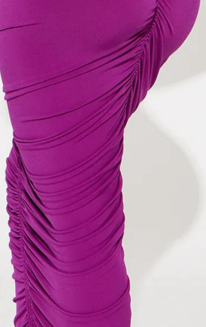 Grape Crush Deep V Ruched Midi Dress