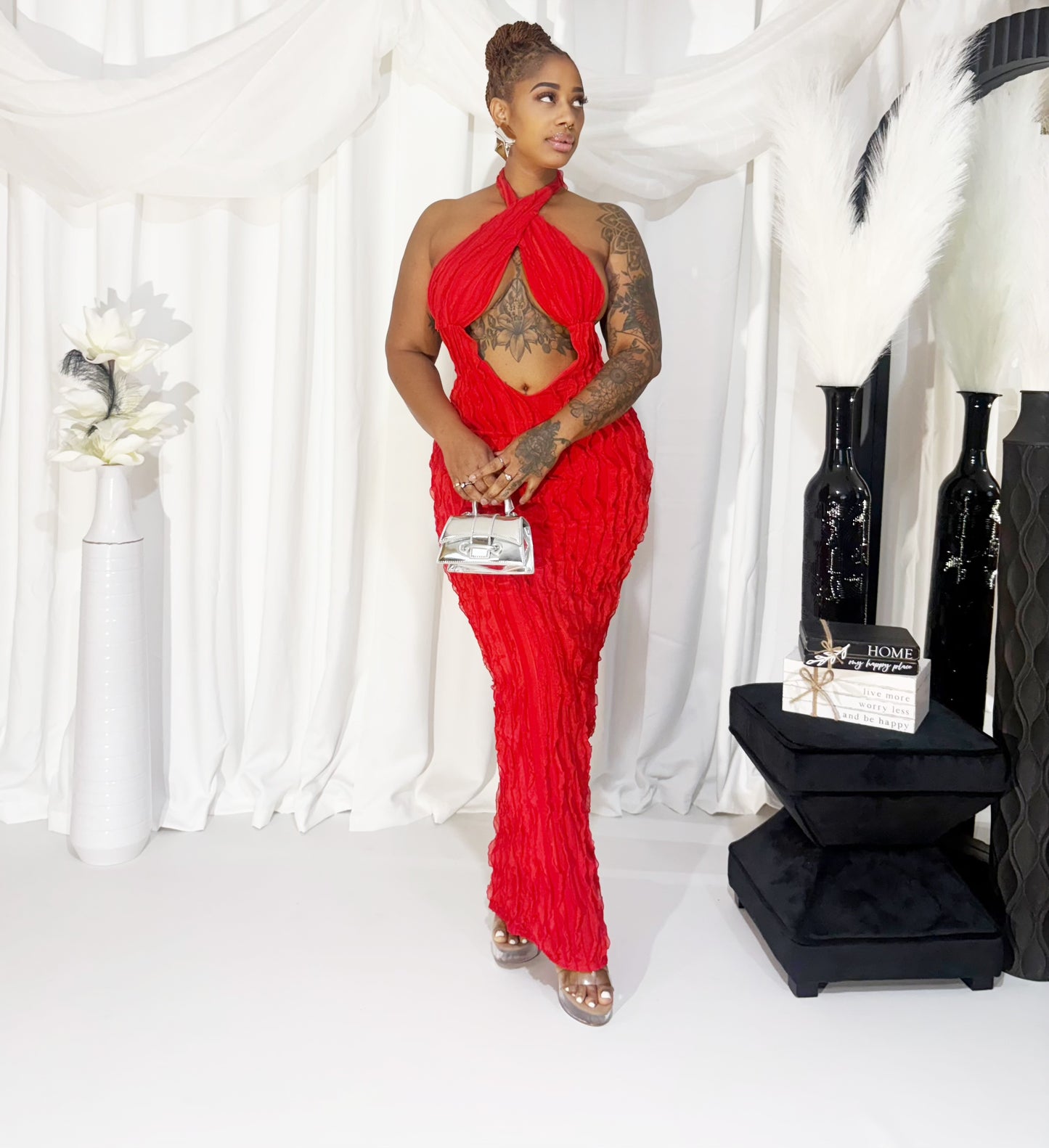 Crimson Waves Halter Maxi Dress