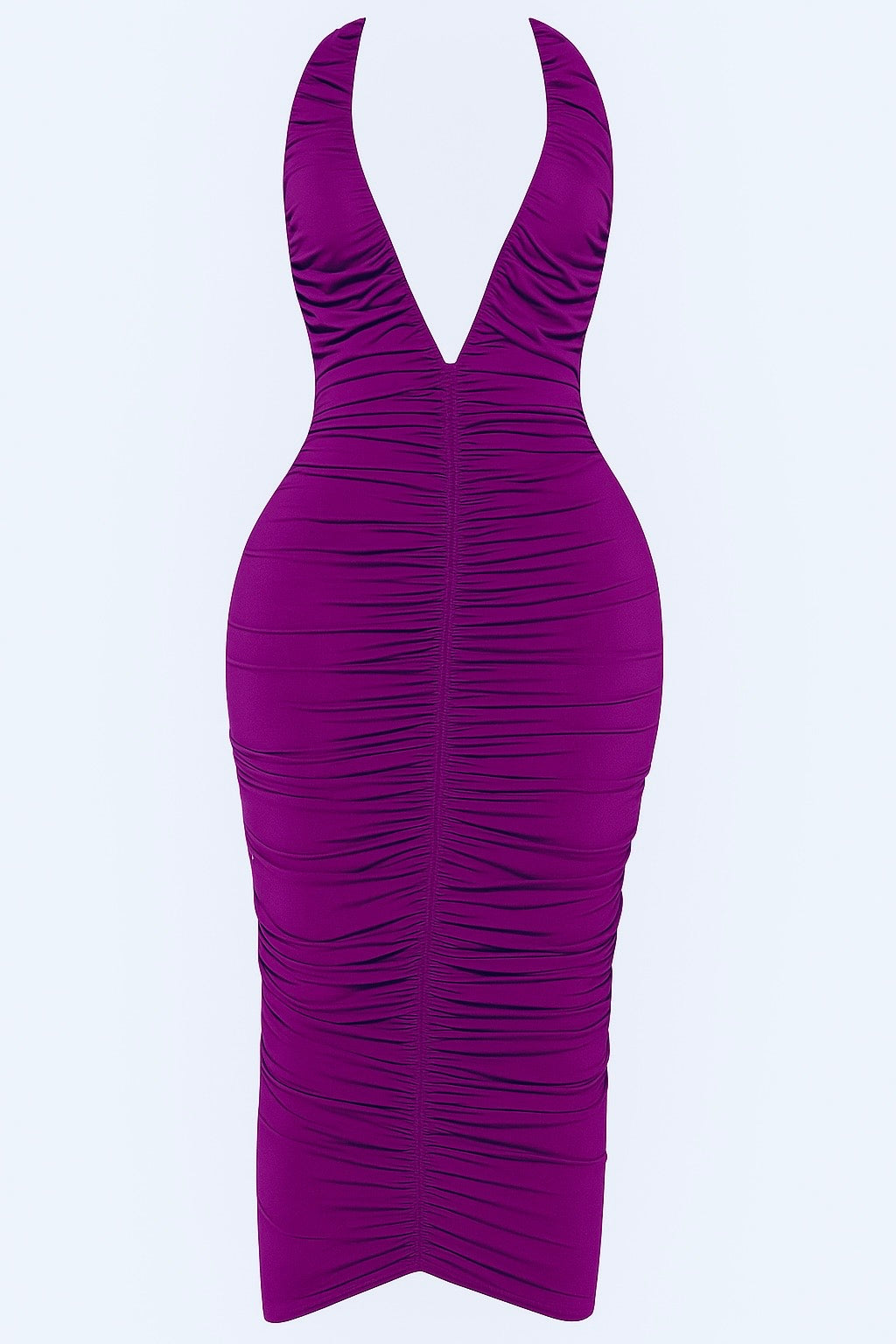 Grape Crush Deep V Ruched Midi Dress