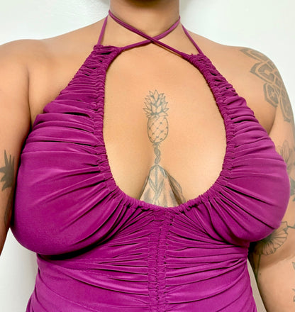 Grape Crush Deep V Ruched Midi Dress