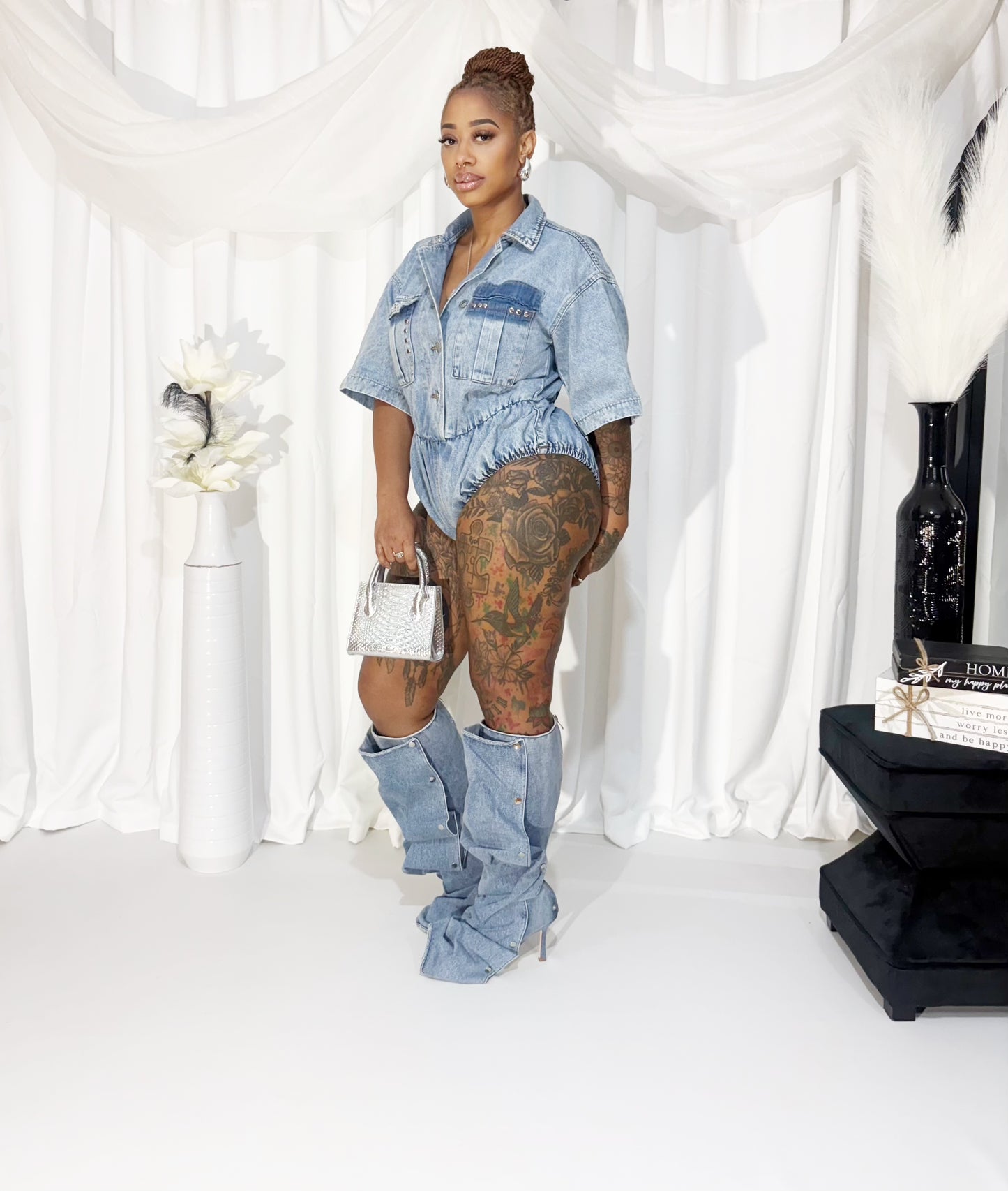 All Eyes On Me Denim Romper