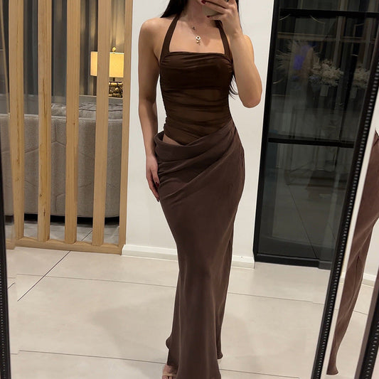 Autumn Winter Sexy Slim Fit Backless Lace up Halter Dress Solid Color Dress