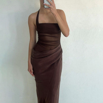 Autumn Winter Sexy Slim Fit Backless Lace up Halter Dress Solid Color Dress