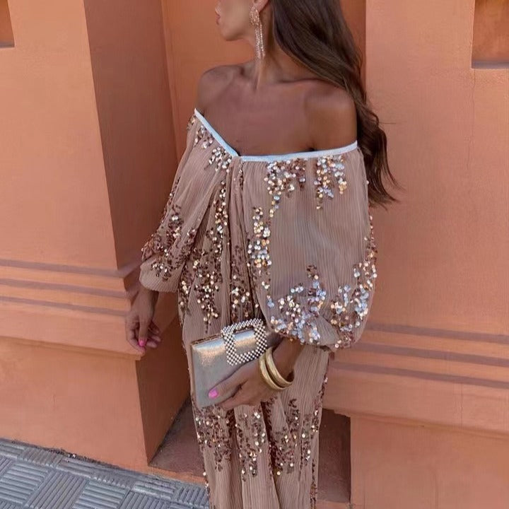 Bat Sleeve Sequins Deep V-neck Long Dress 20240345