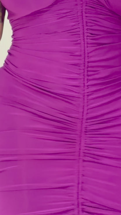 Grape Crush Deep V Ruched Midi Dress
